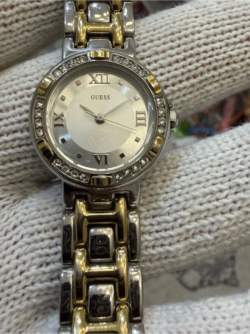 Guess Womens Watch G75479L Two Tone Silver Gold Crystal Bezel Roman Numeral
